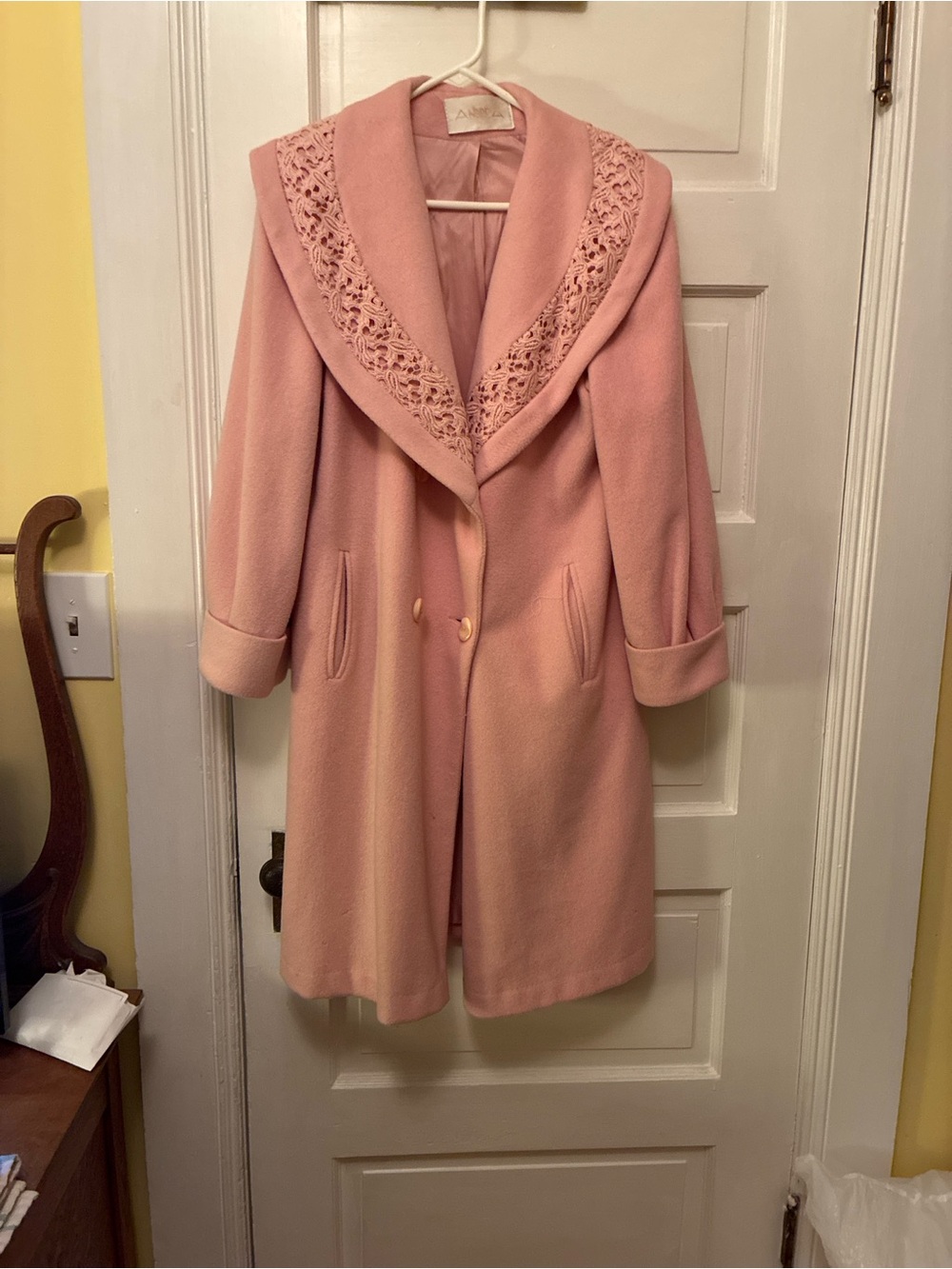 ANDREA FENZI Dusty Pink Wool Pea Coat with Lace Shawl Collar